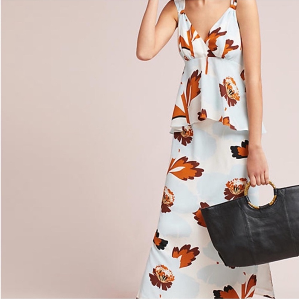 Anthropologie Pamela Silk Floral Print Blue Brown Maxi Dress